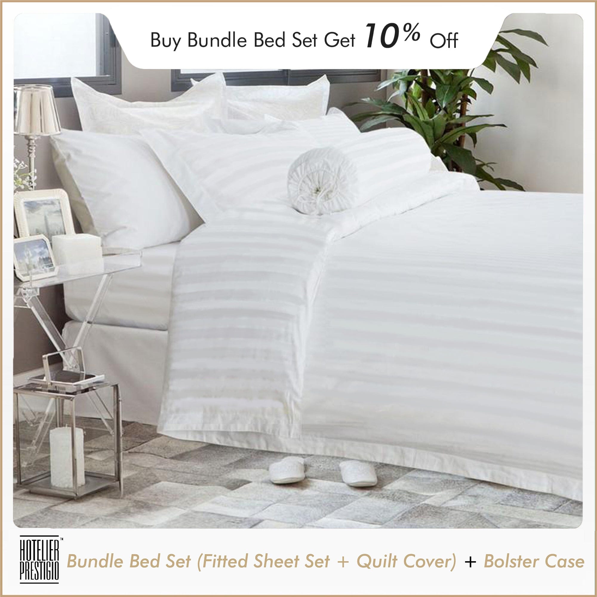 Hotelier Prestigio™ White Sateen Stripe Bundle Bed Set Fitted Sheet Hotelier Prestigio™