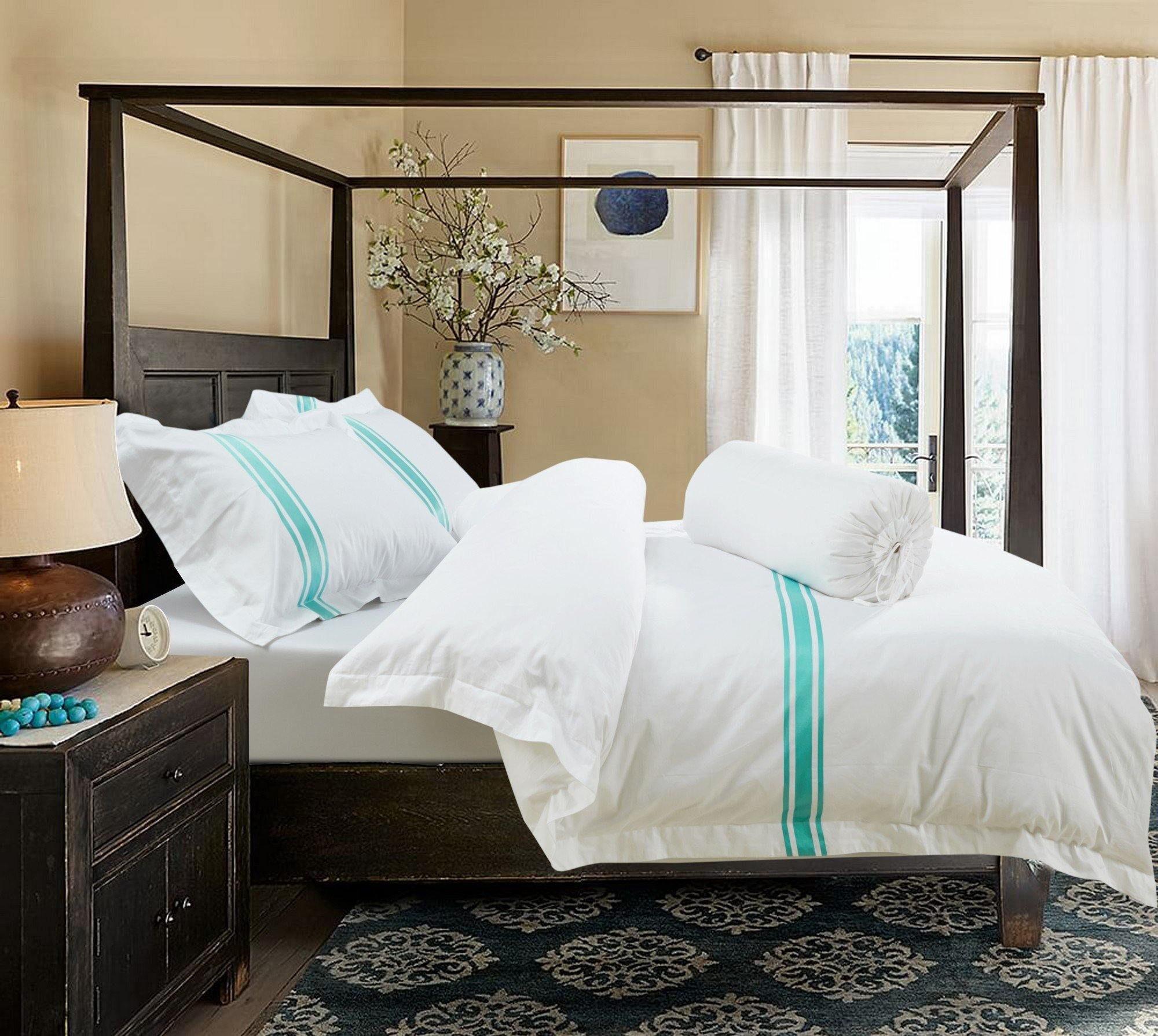 Hotelier Prestigio™ Luxury White Turquoise Stripe Fitted Sheet Set - Affairs Living Pte. Ltd.