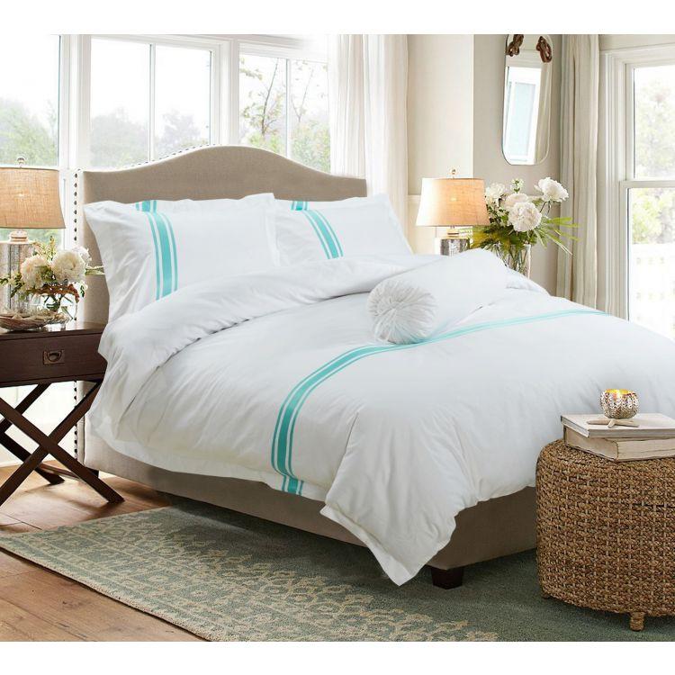 Hotelier Prestigio™ Luxury White Turquoise Stripe Fitted Sheet Set - Affairs Living Pte. Ltd.