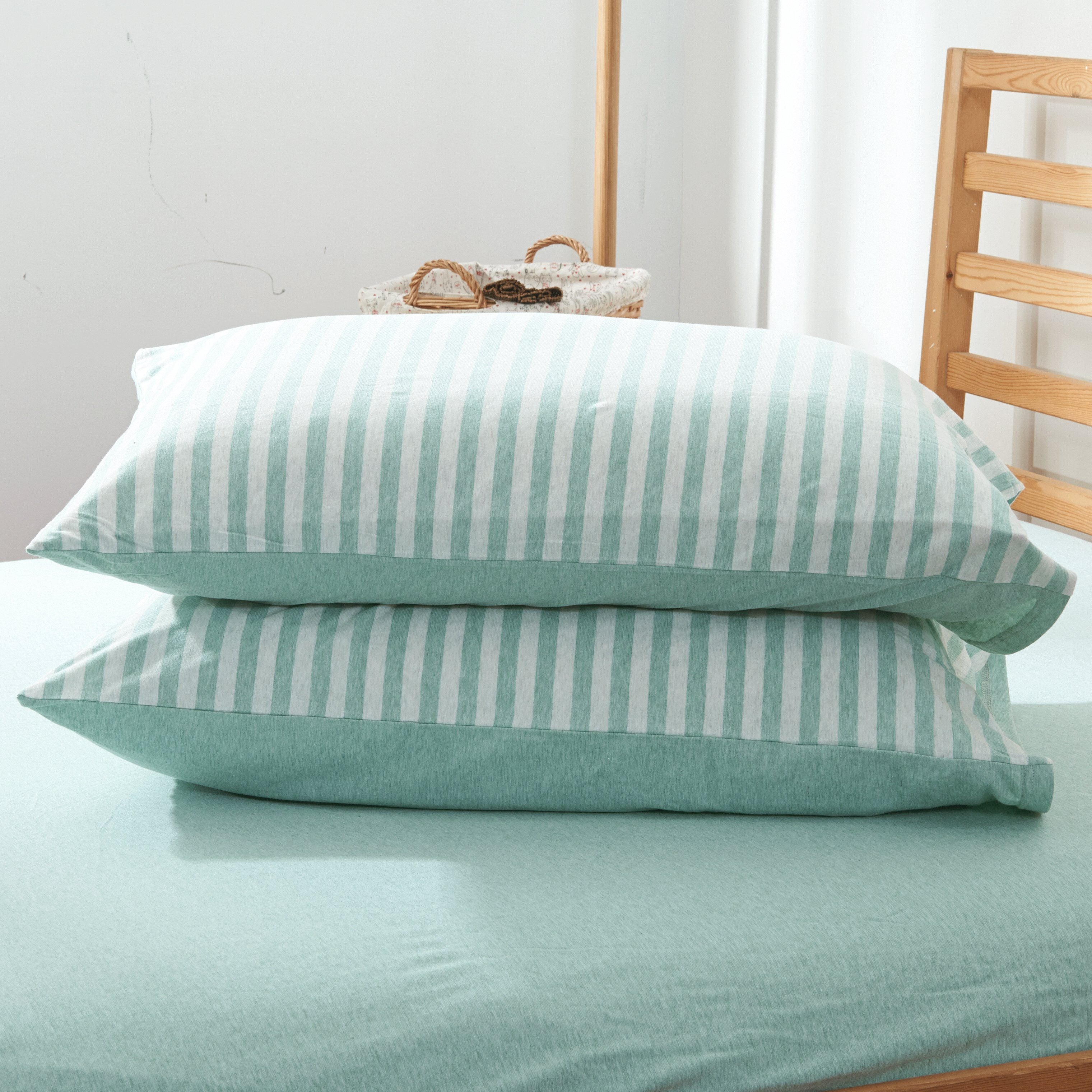 Cotton Pure™ Pale Green Stripe Jersey Cotton Pillow Case - Affairs Living Pte. Ltd.